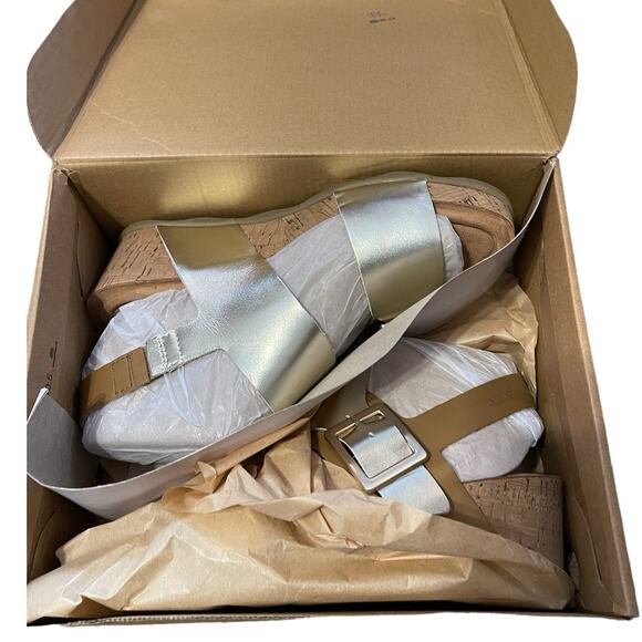 Earth Womens NEW Size 7.5 Willa Strappy Casual Mid Cork Wedge Sandals Gold NIB - Picture 5 of 11